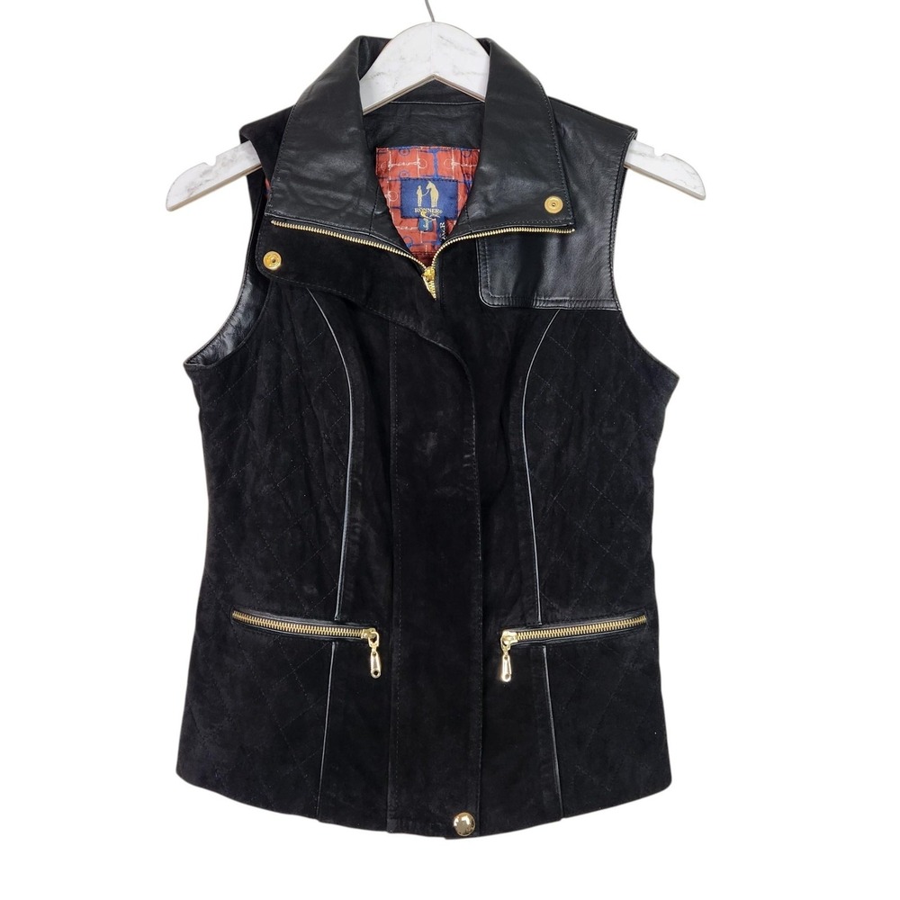Rönner Suede Biker Vest Womens S Black Leather Collar Quilted Zip Equestrian
